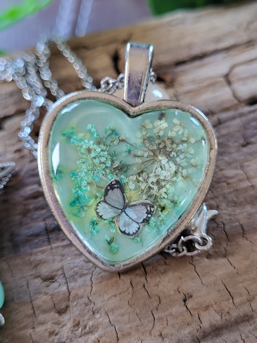 Heart Pendant Necklace with Mint Green Floral and Butterfly Design Under Glass